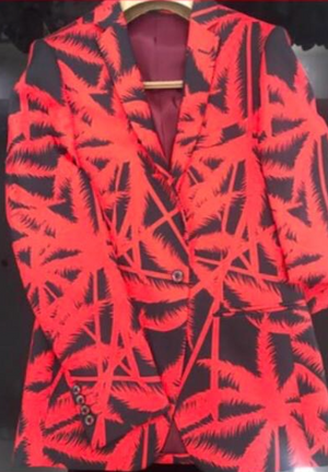 Black With Crimson Red Palm Floral Print Jacket