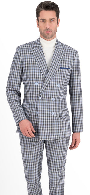 Grey with Blue & White Plaid Check Long Double Breast Suit