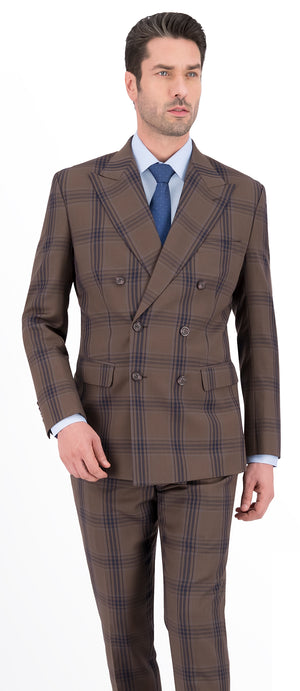 Brown with Navy Check Regular Double Breast Suit