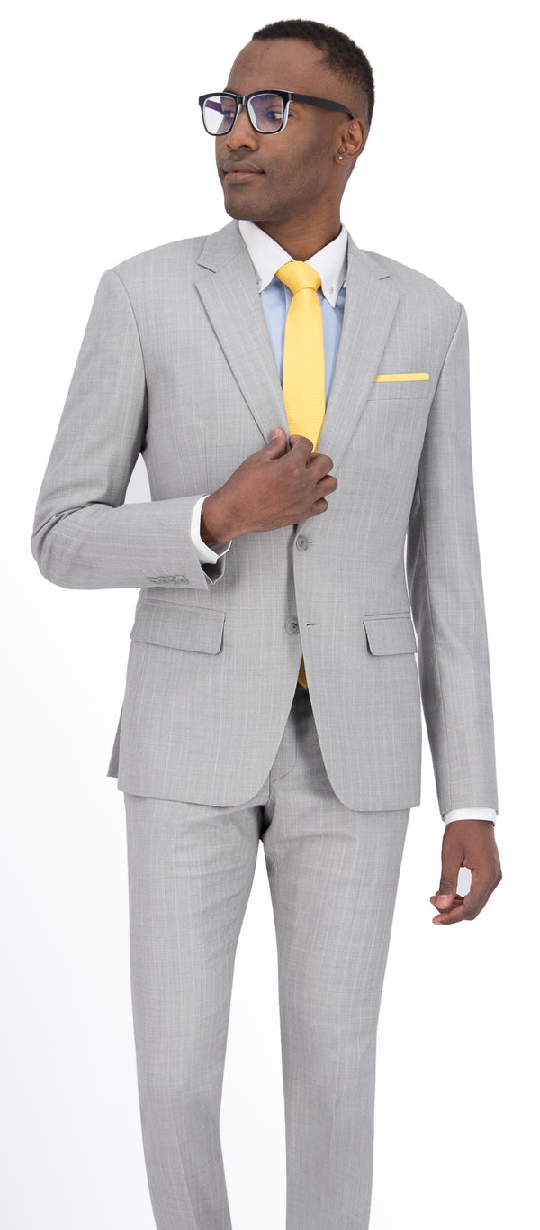 yellow shirt grey suit