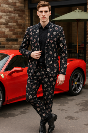 Charcoal Grey Floral Print Suit