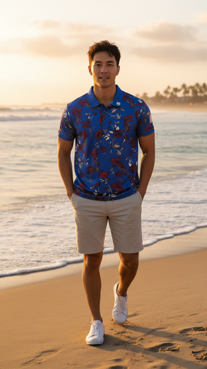 Navy Blue Floral Performance Polo
