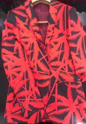 Black With Crimson Red Palm Floral Print Suit