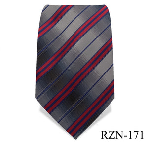 Grey with Red and Blue Striped Tie