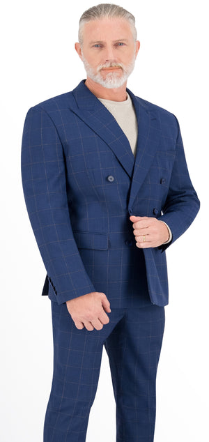 Blue with Brown Windowpane Long Double Breast Suit