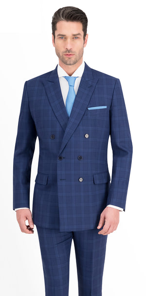 Blue Birdseye Check Windowpane Regular Double Breast Suit