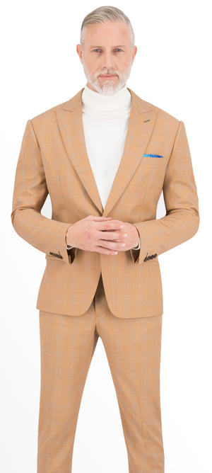 Light Marigold Brown with Blue Plaid Check Long Suit