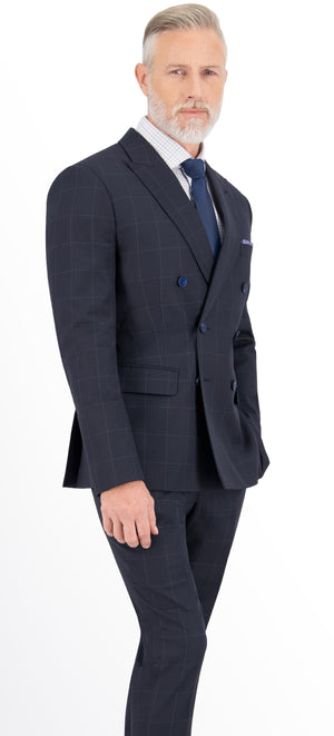 Dark Blue Windowpane Long Double Breast Suit