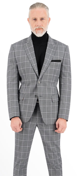 Light Grey with Black and White Slub Check Windowpane Long Suit