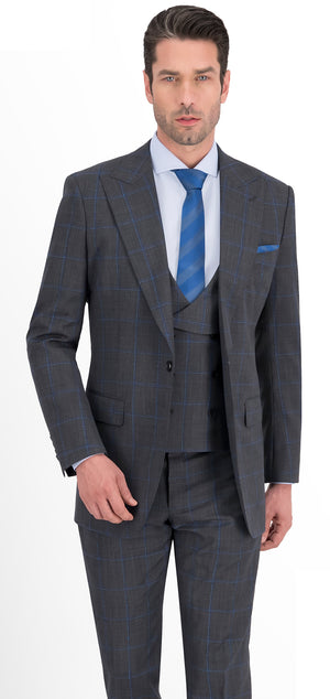 Dark Grey with Blue Slub Check Windowpane Short Suit