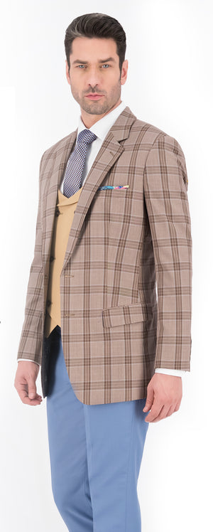 Light Brown with Brown & Blue Plaid Check Long Suit