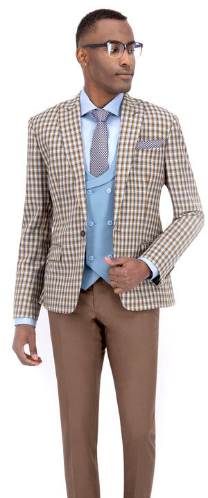 Brown with Blue & White Check Long Suit