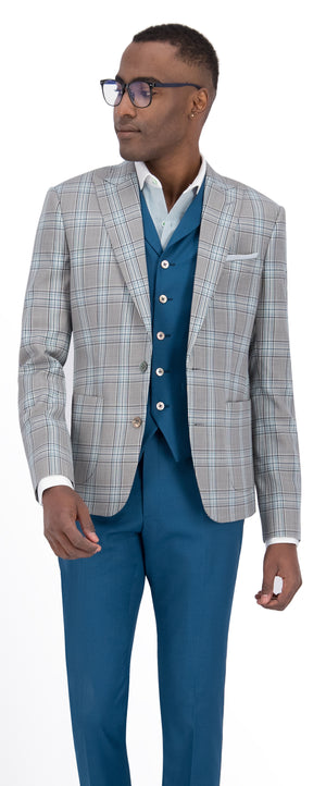 Light Grey with Teal Blue Plaid Check Vest