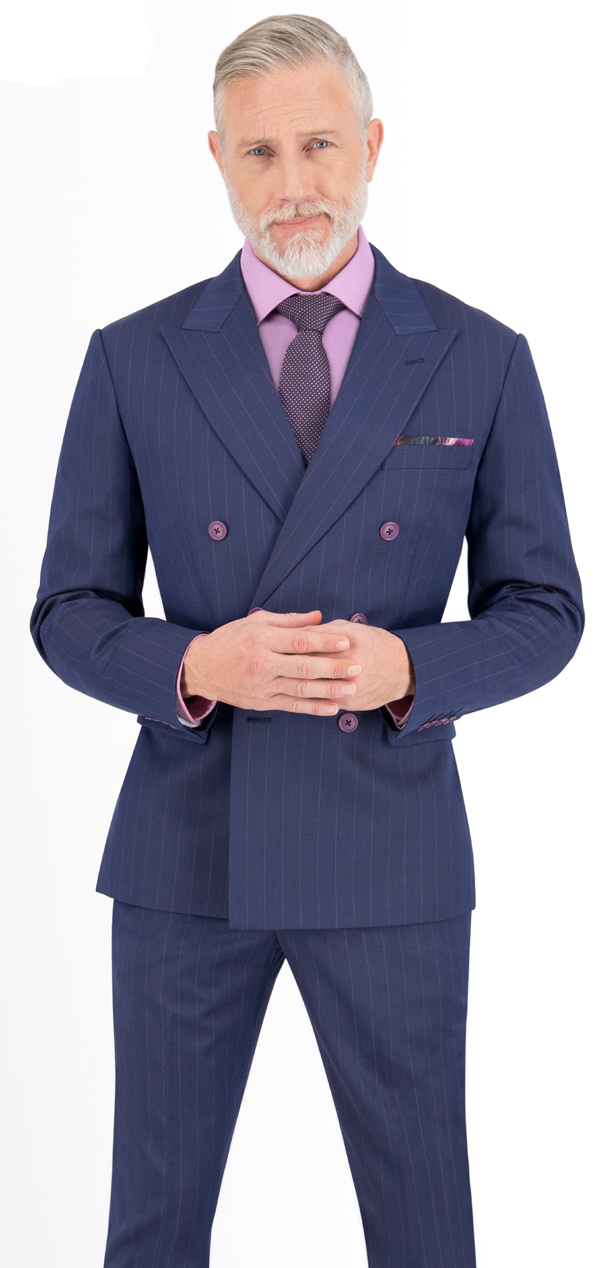 Navy blue store and blush suit