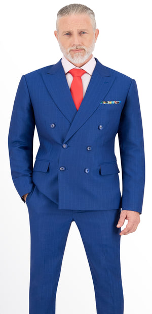 Electric Blue Self Stripe Long Double Breast Suit