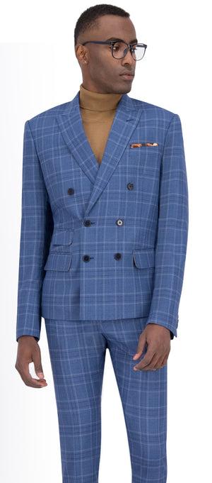 Light Blue with Tan & Navy Check Short Double Breast Suit